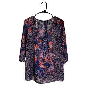 Chaps Ralph Lauren Women's Blouse Paisley V-Neck Puff Sleeve Boho Peasant Top PM